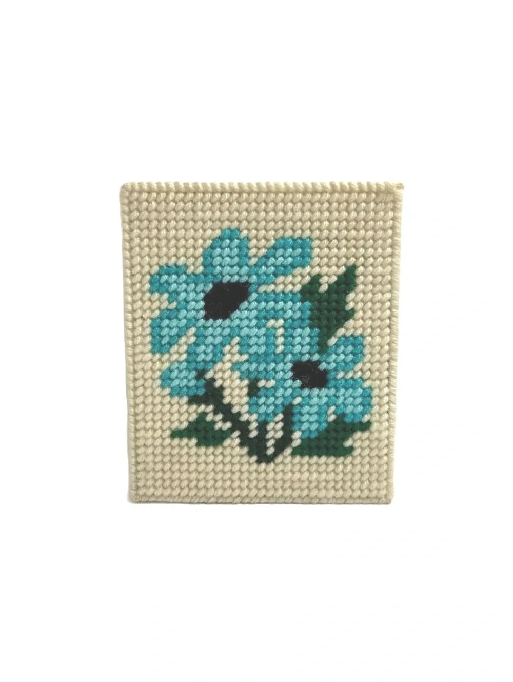 Vintage Handmade Needlepoint Tissue Box Cover with Blue Floral Design